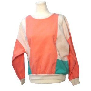Vintage Color Block‎ Shirt Peach Aqua White Top Womens Size L Granny